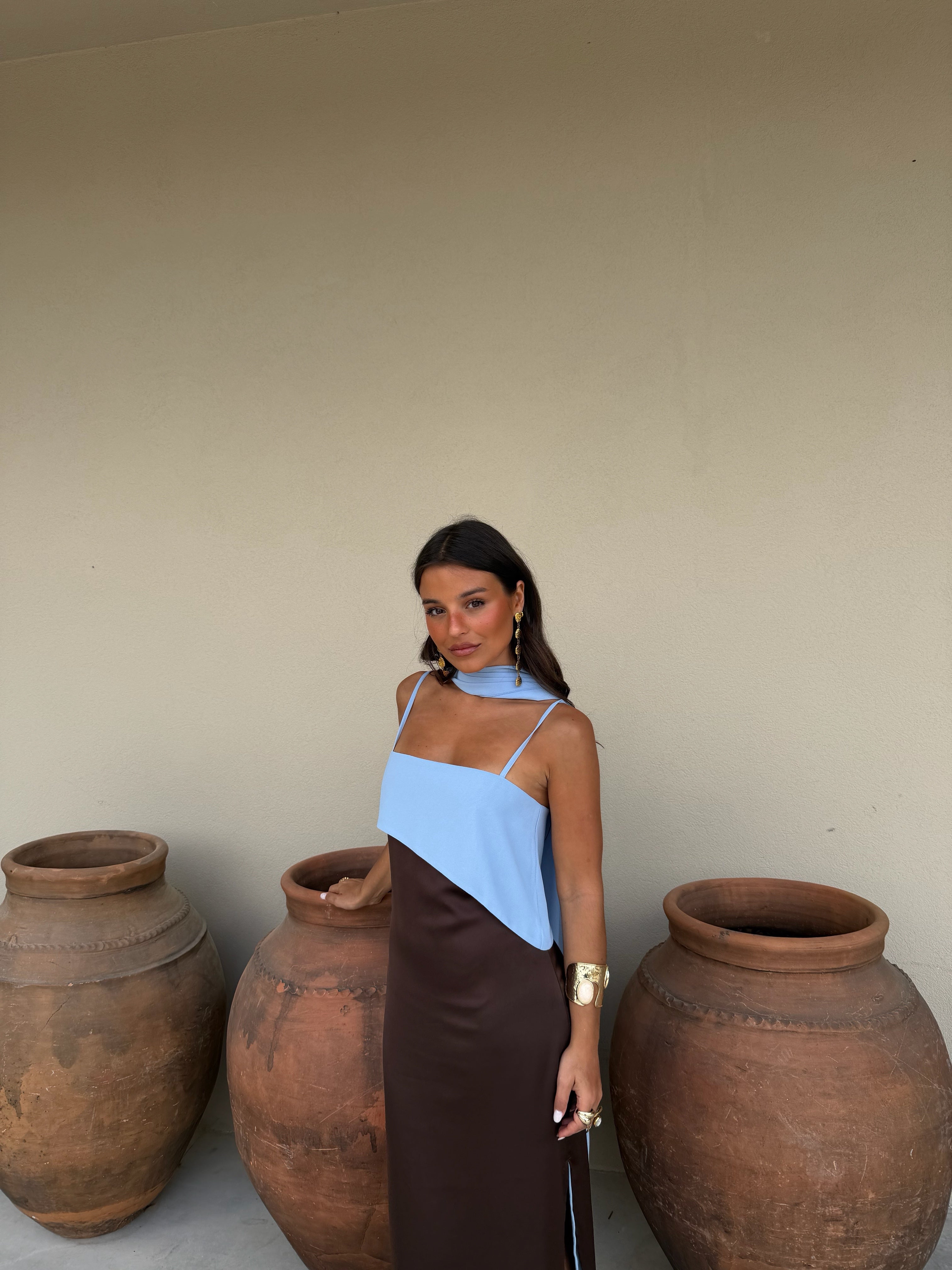 Joanna Dress in Brown and Blue – Elegant Color-Block Style