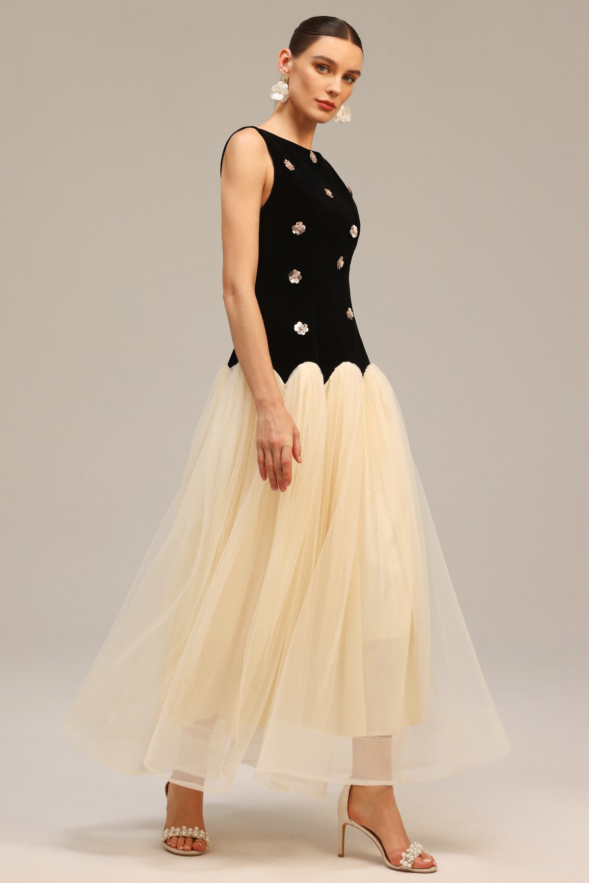 Roto Sleeveless Sequin Flowers Maxi Dress