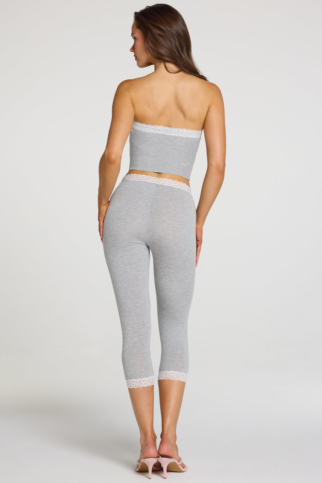 Leggings capri de tiro medio con borde de encaje de modal en gris jaspeado