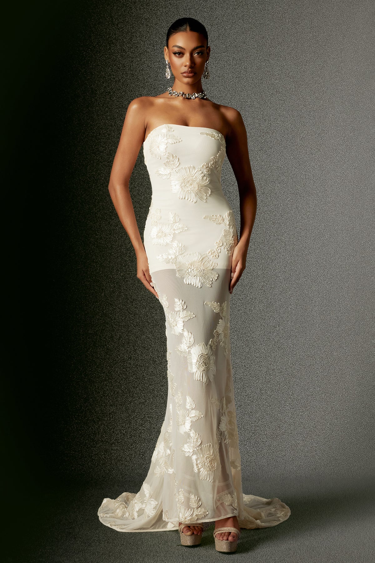 Deliyn Strapless Embroidery Flower Mesh Maxi Dress