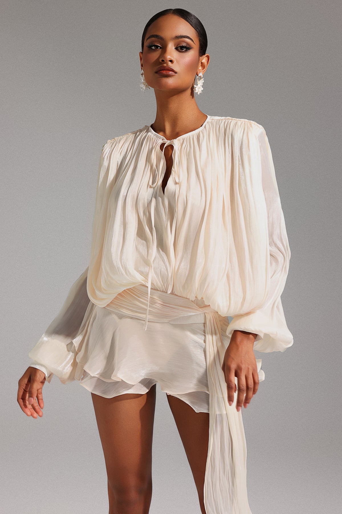 Dekia Long Sleeve Hollow Out Flounce Mini Dress