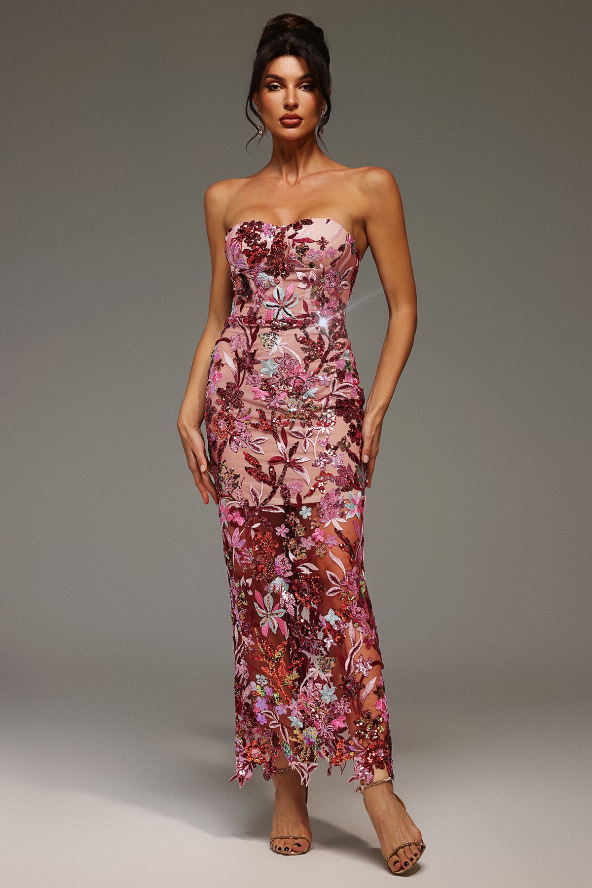 Lilya Off-the-Shoulder Embroidery Sequin Maxi Dress