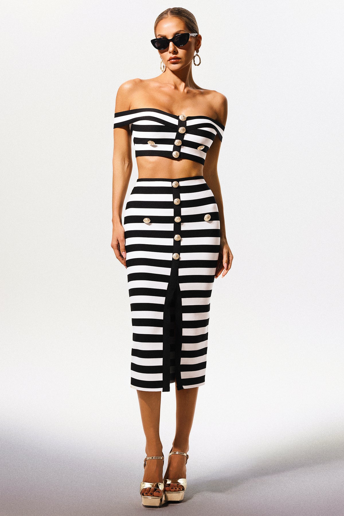 Martha Off-the-Shoulder Hollow Out Slit Bandage Midi Two-Piece Set