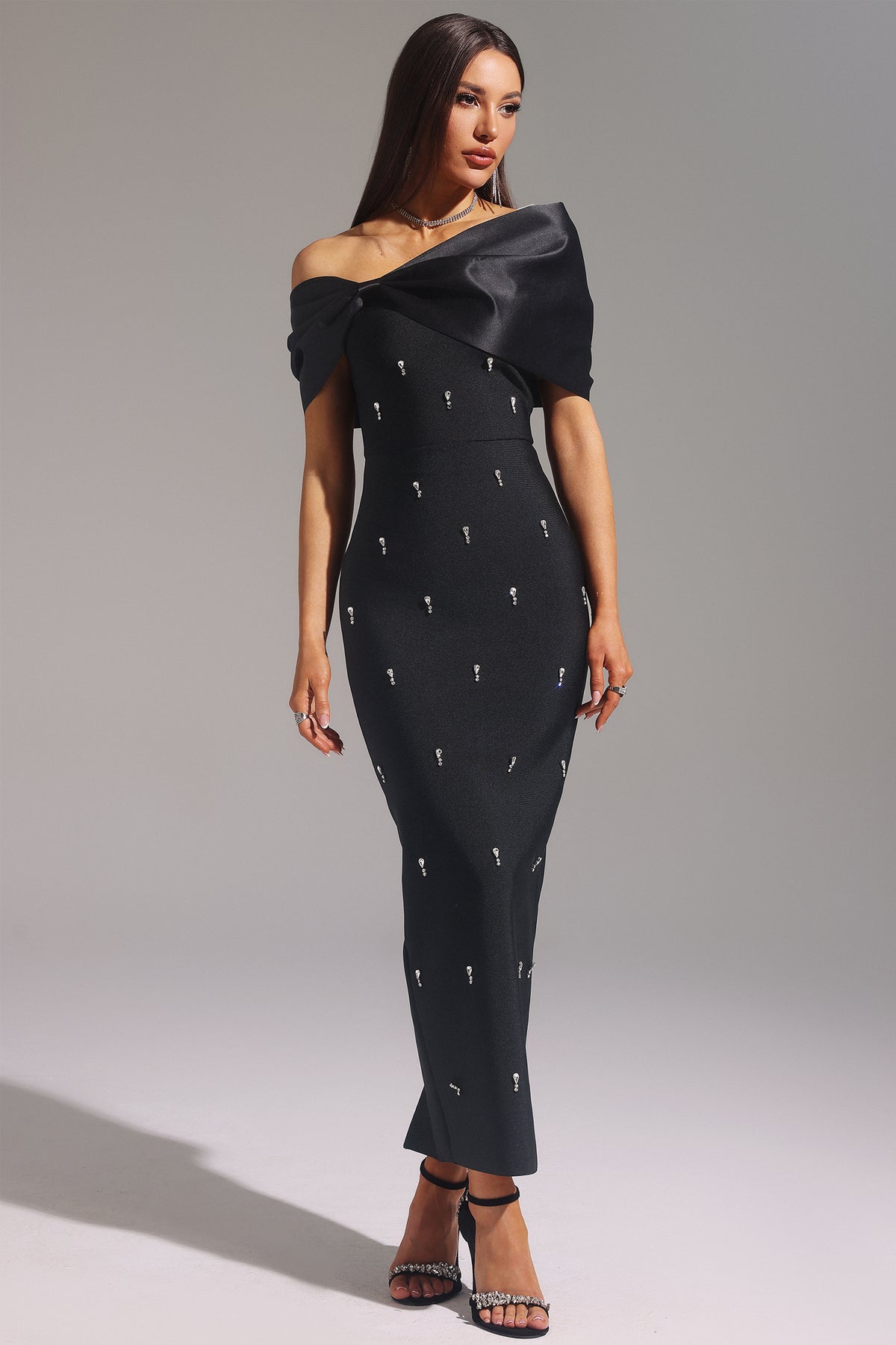 Palez Sleeveless One Shoulder Diamond Bow Bandage Maxi Dress