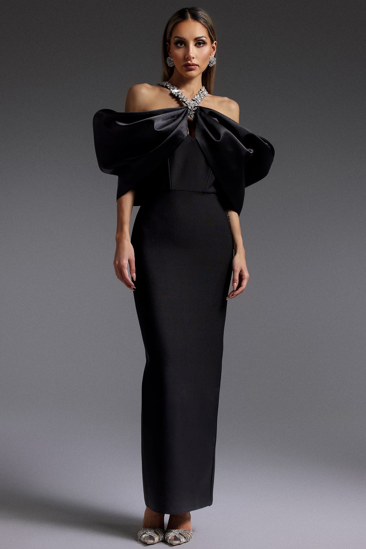 Sloan Halter Diamond Off-The-Shoulder Bandage Maxi Dress