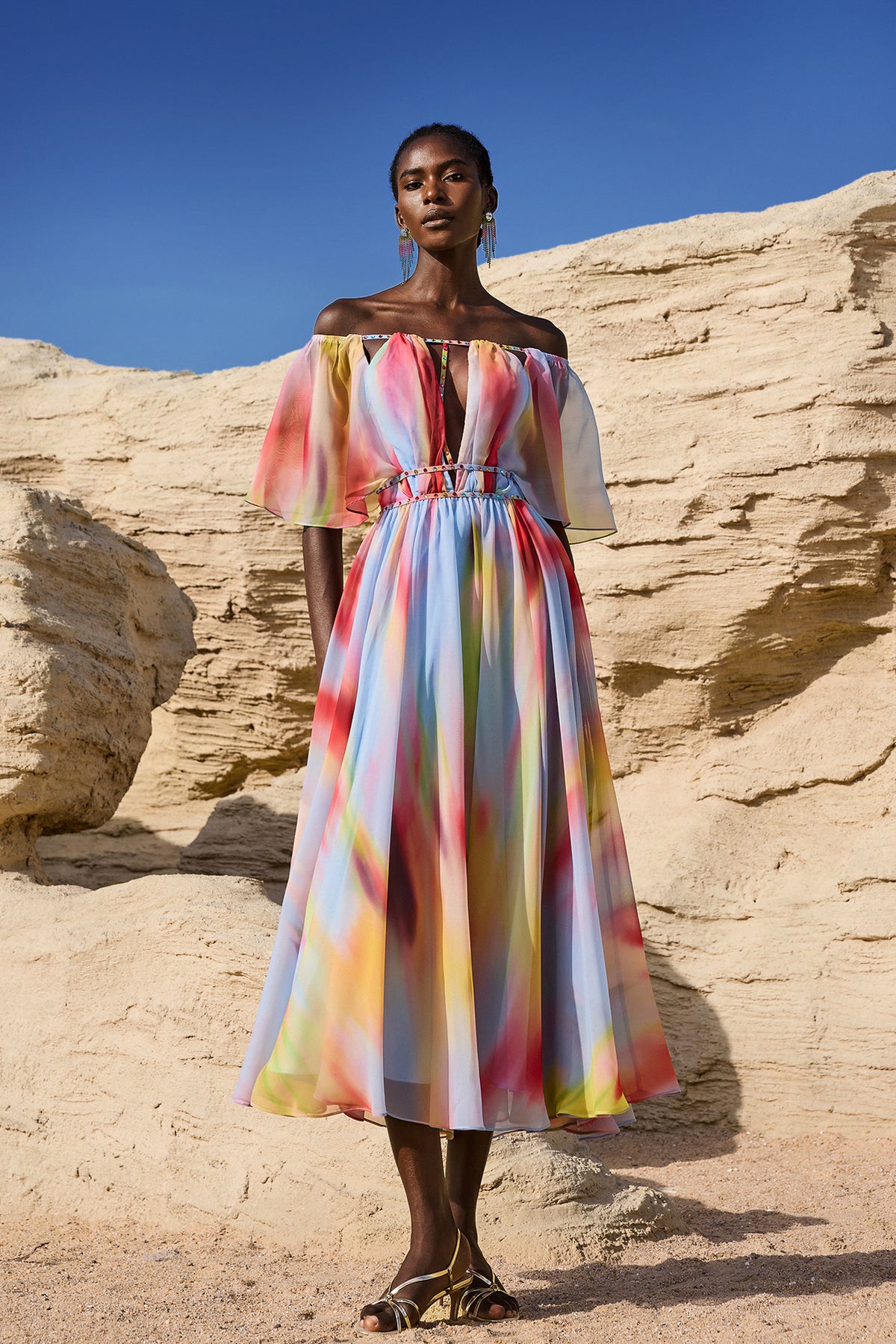 Zaysha Off-The-Shoulder Hollow Out Printing Midi Dress