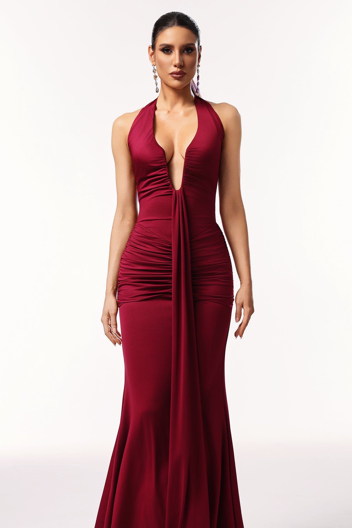 Elsie Halter Sleeveless V-Neck Wrinkles Maxi Dress