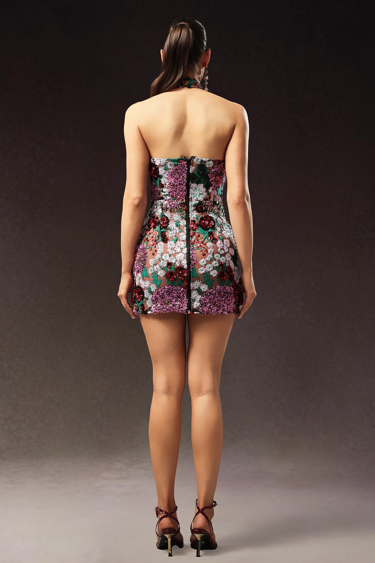 Polasa Halter Sleeveless Sequins Flower Mini Dress