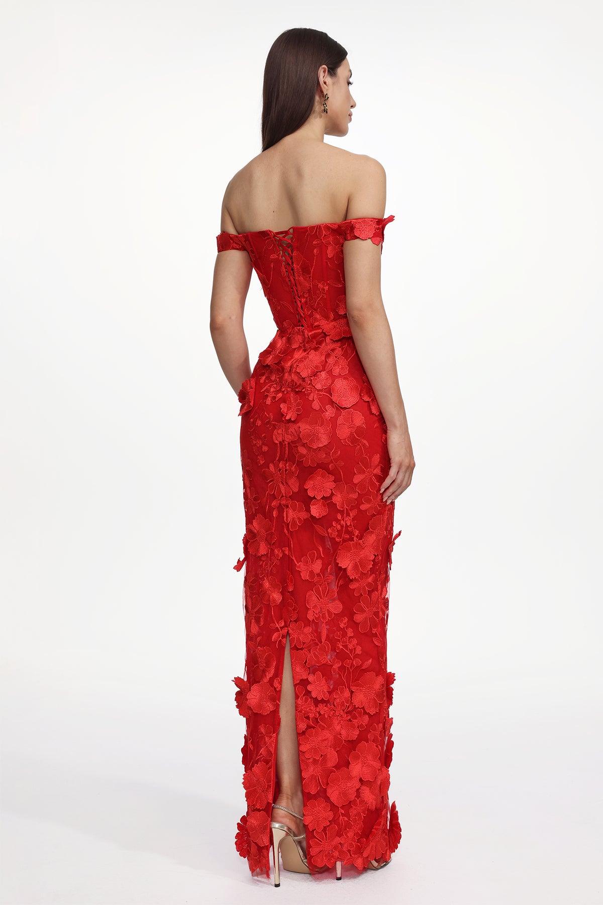 Off Shoulder Floral Embroidered Maxi Dress