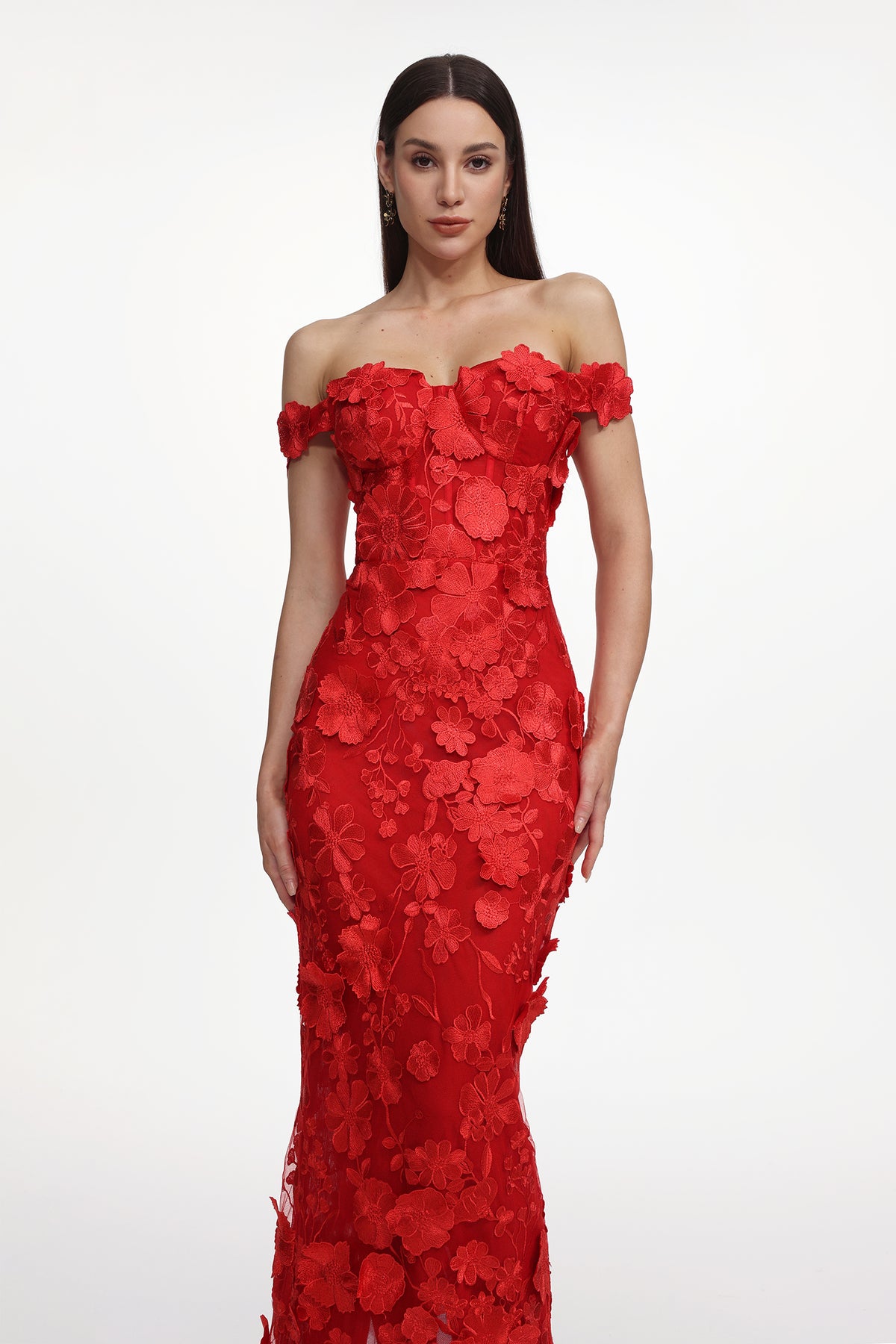 Off Shoulder Floral Embroidered Maxi Dress