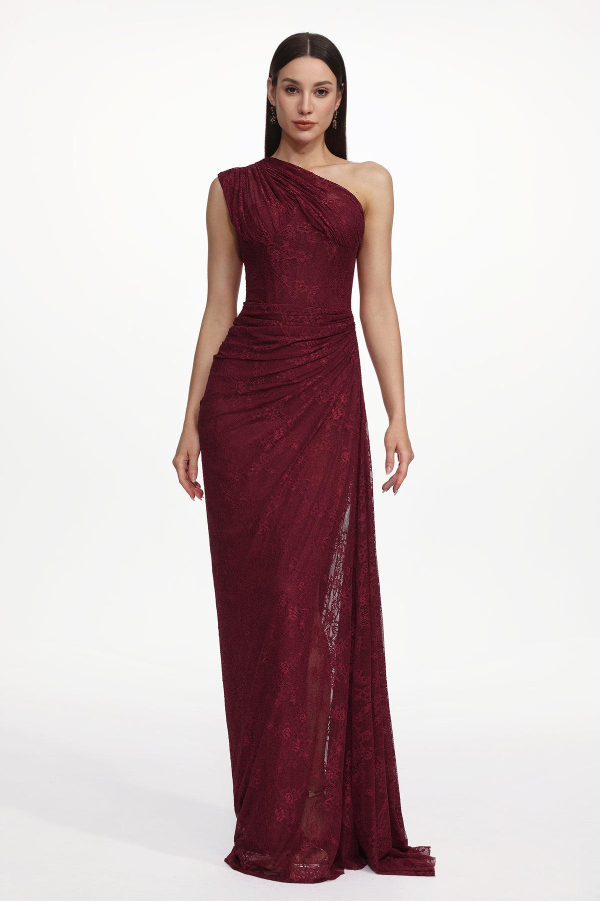 Finch Romantic Contour Sleeveless Ruched Lace Knit Maxi Dress