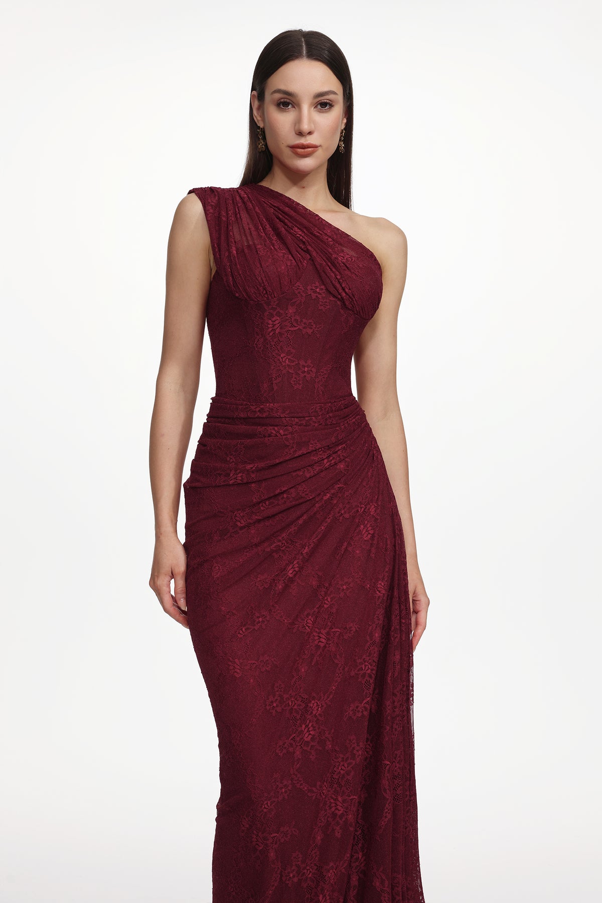 Finch Sleeveless Ruched Lace Knit Maxi Dress