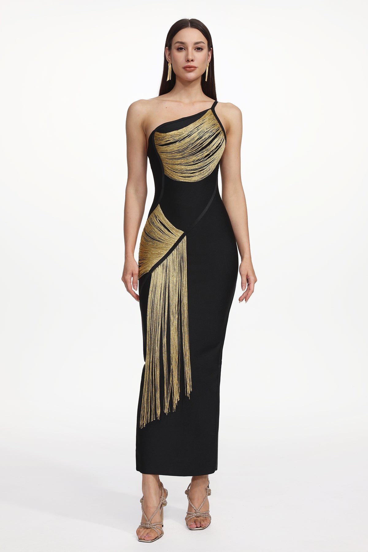 Roanna One Shoulder Sleeveless Golden Tassels Bandage Maxi Dress