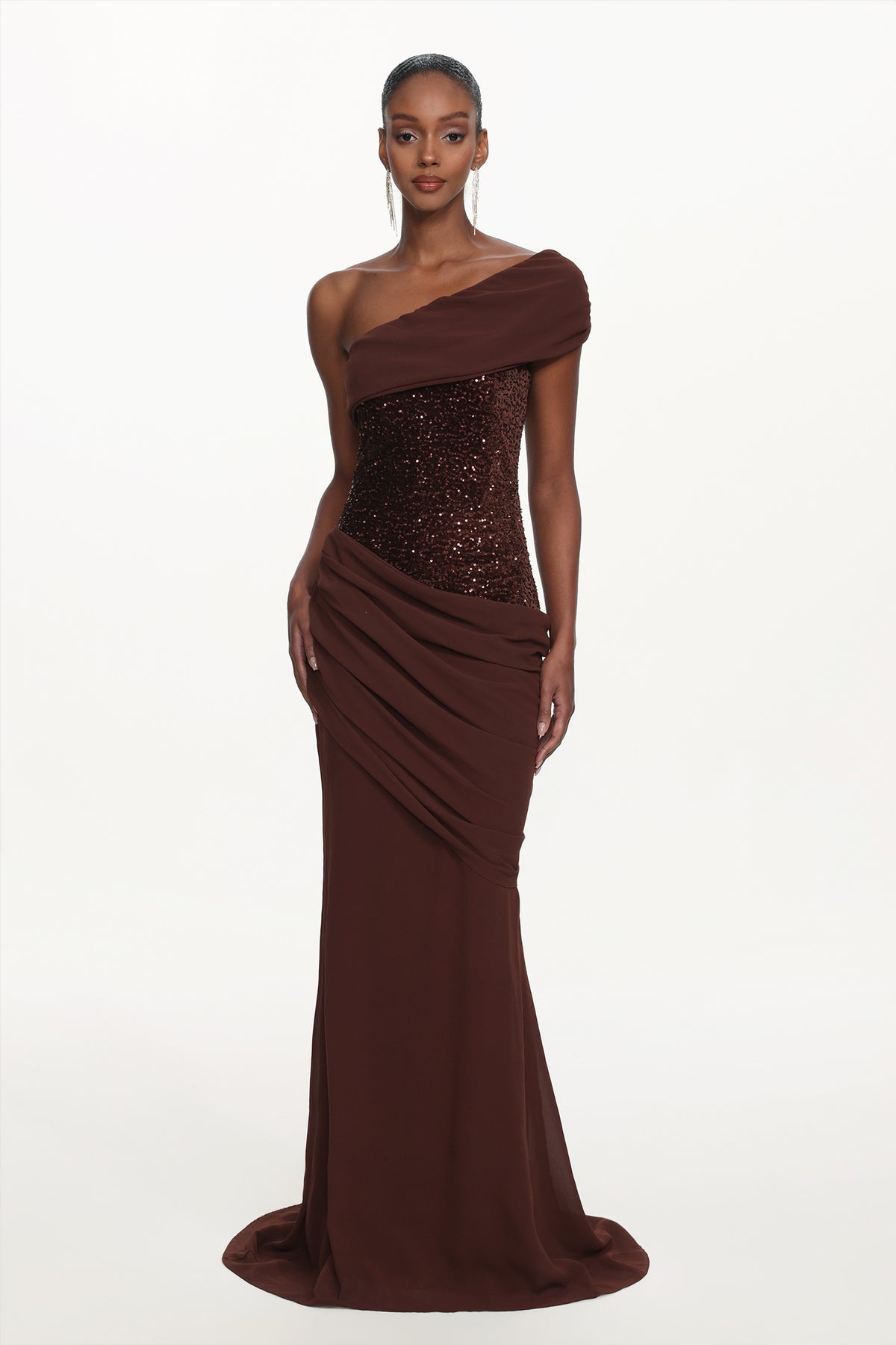 Naleza Off Shoulder Asymmetric Ruched Sequin Maxi Dress
