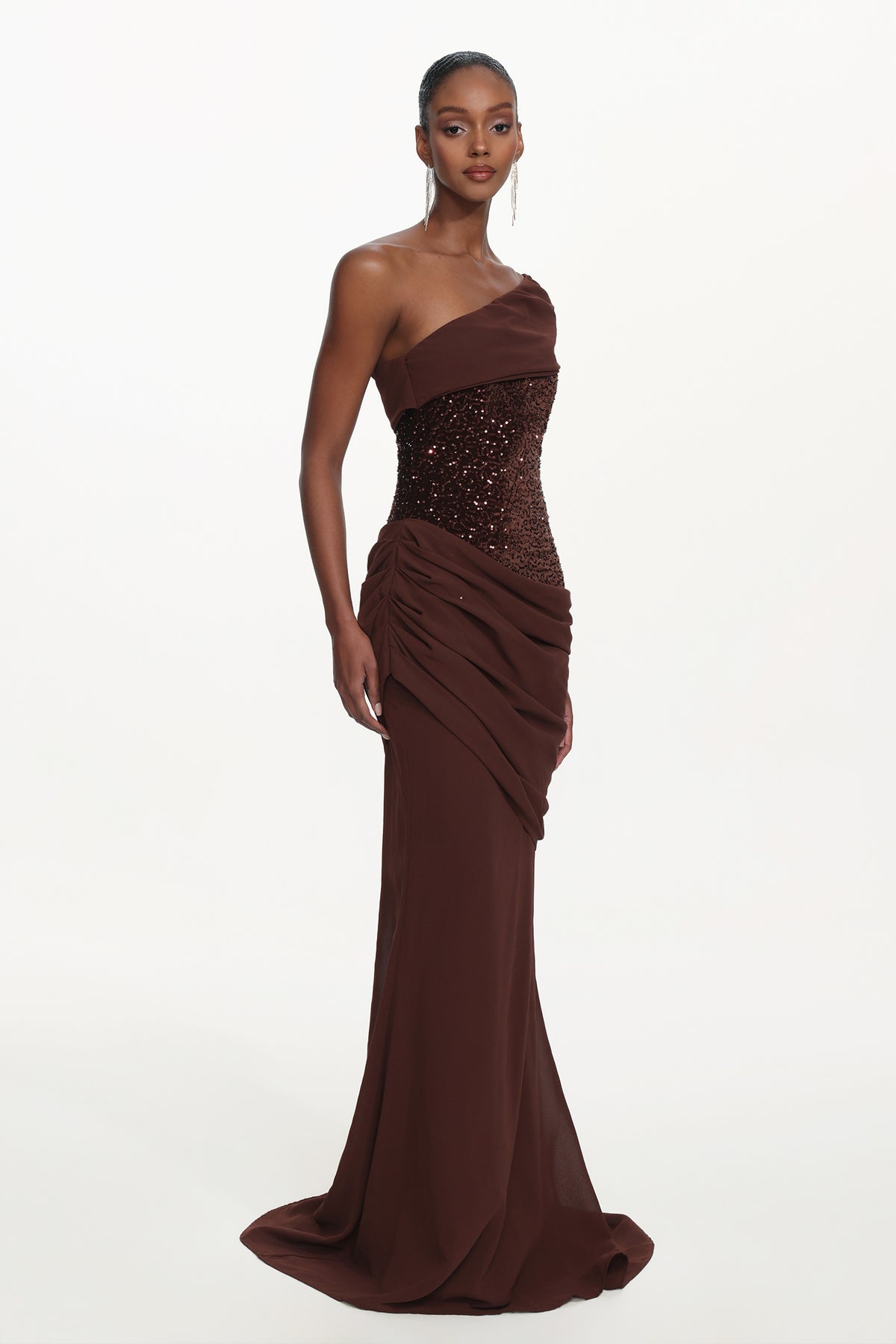 Naleza Off Shoulder Asymmetric Ruched Sequin Maxi Dress
