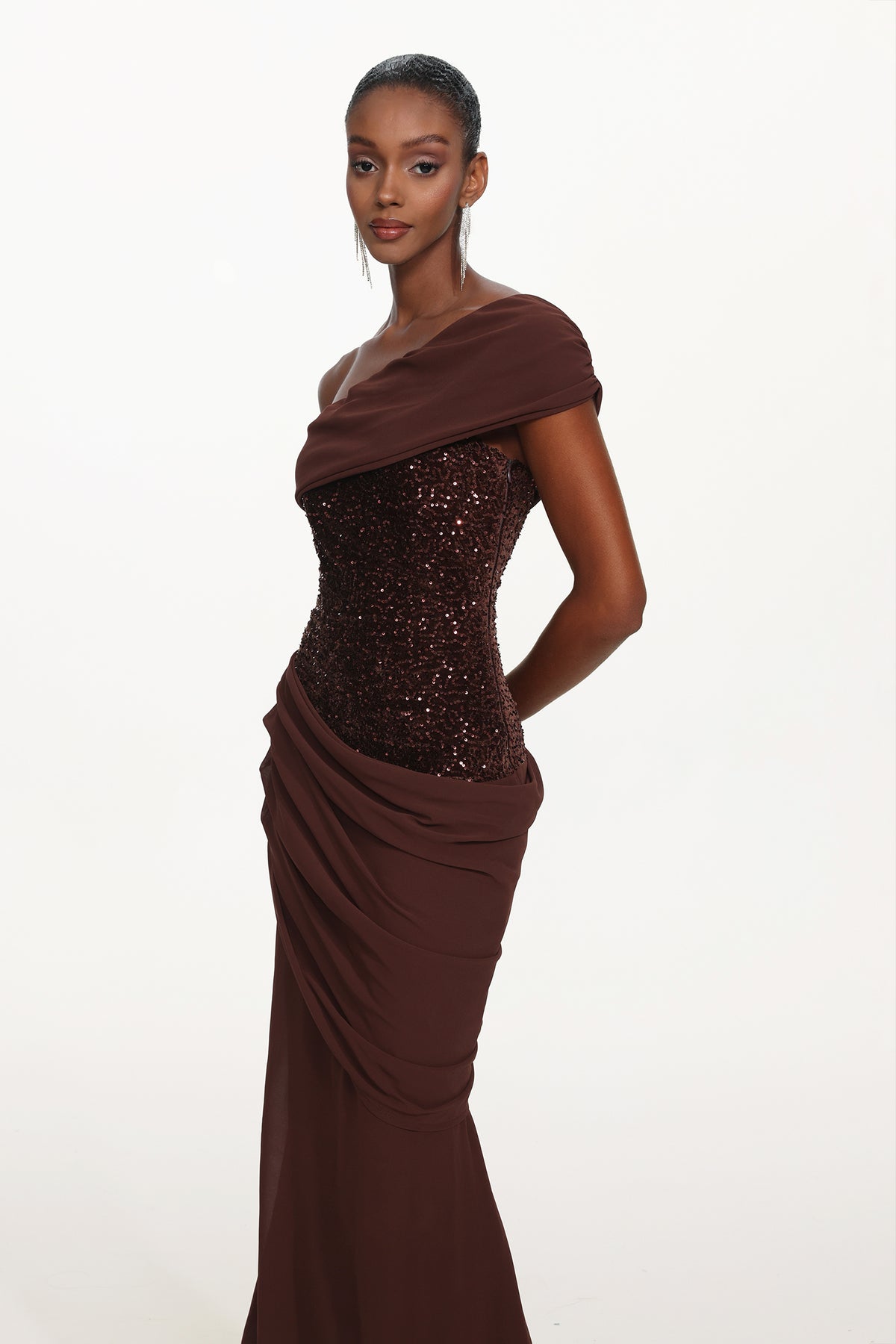 Naleza Off Shoulder Asymmetric Ruched Sequin Maxi Dress