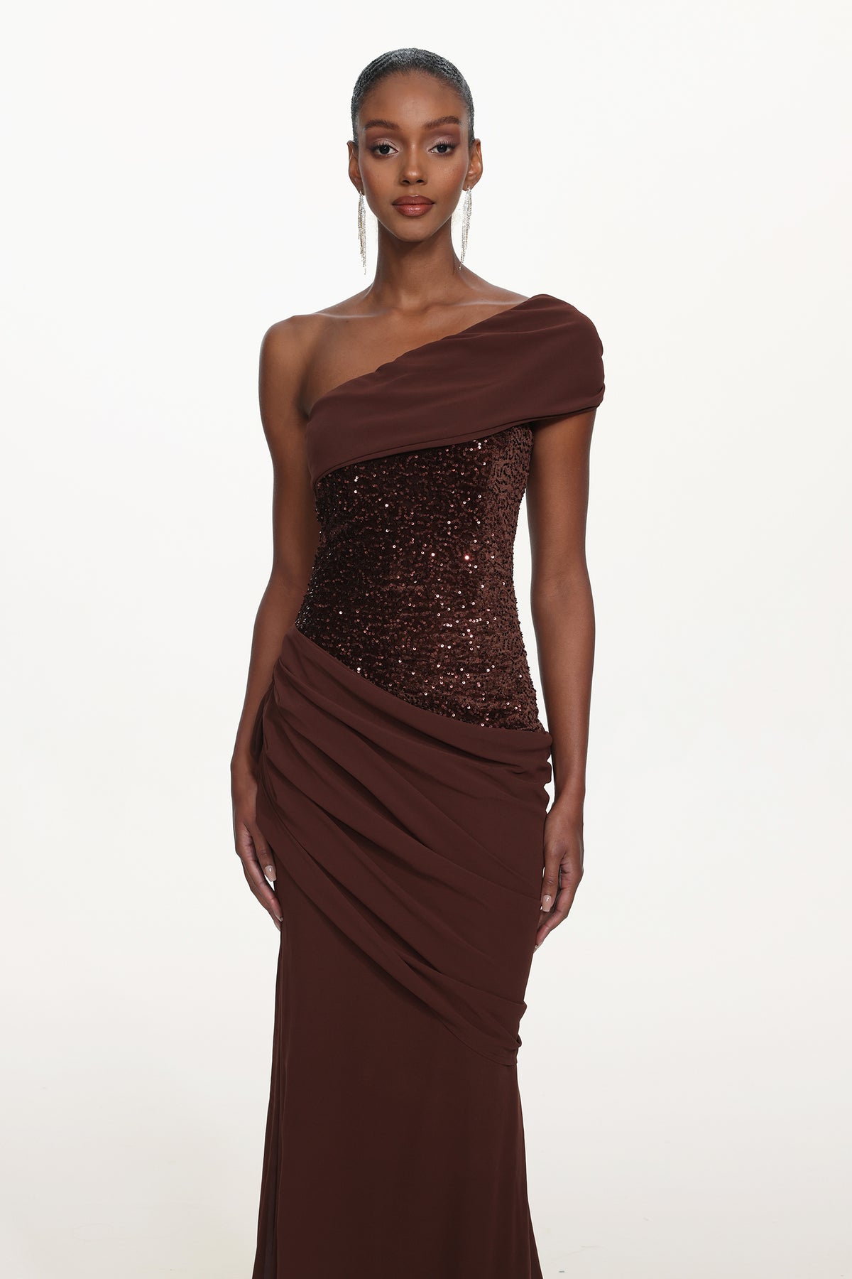 Naleza Chic Contour Off Shoulder Asymmetric Ruched Sequin Maxi Dress