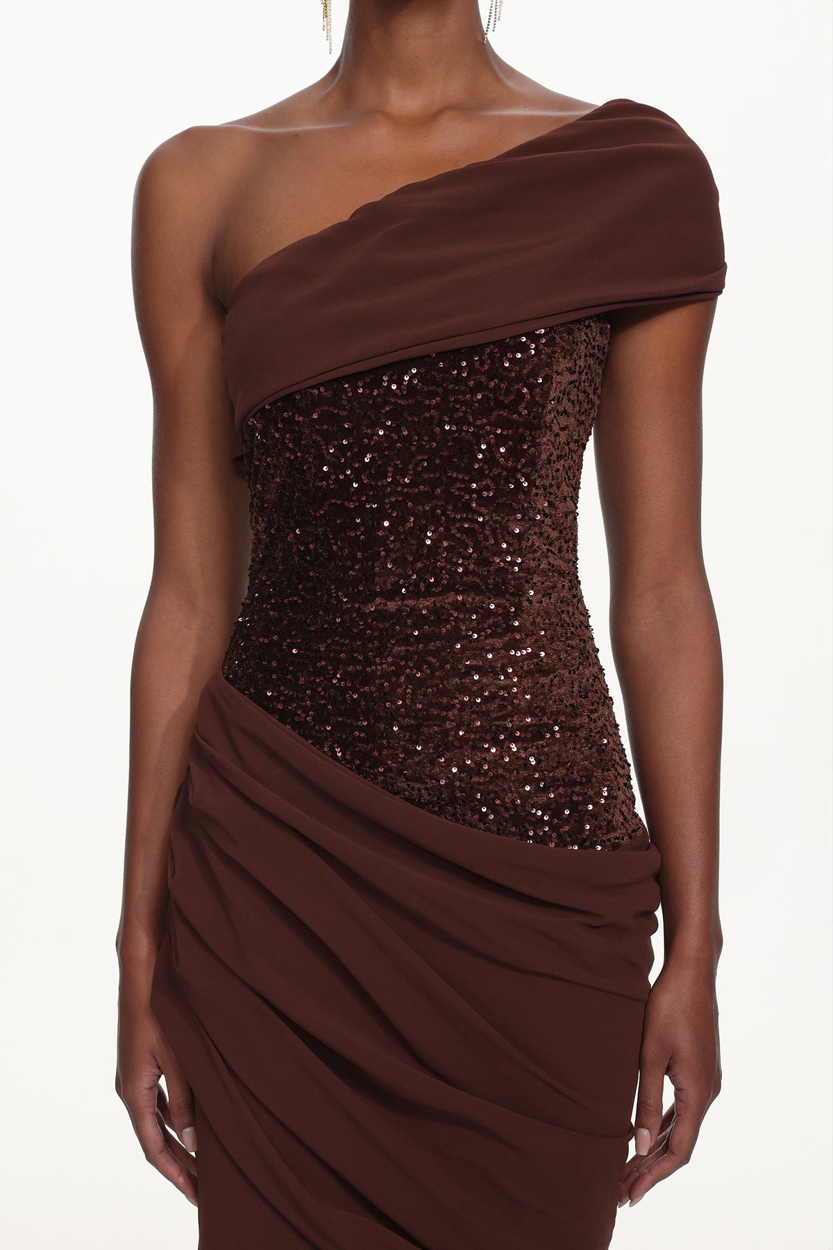 Naleza Off Shoulder Asymmetric Ruched Sequin Maxi Dress