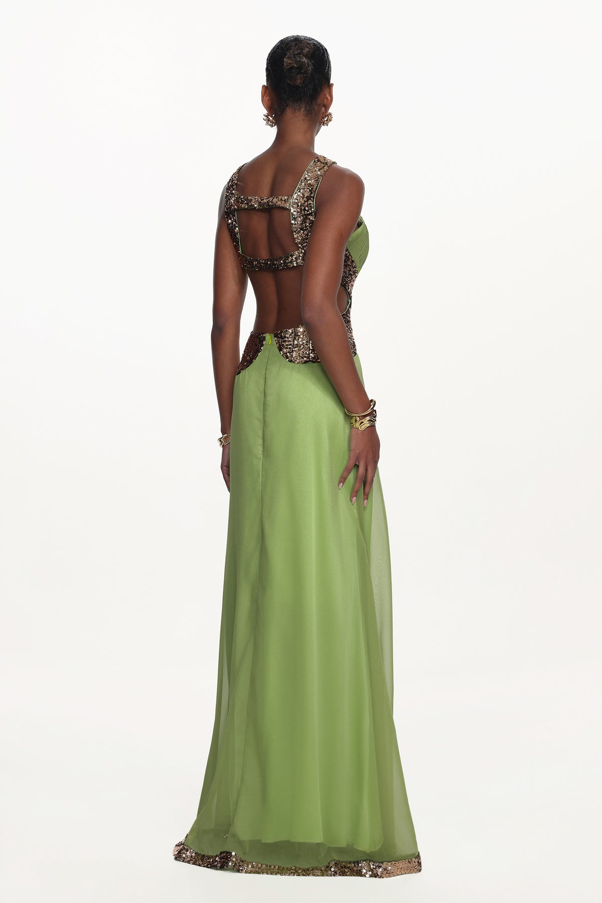 Melisa Flowy Halter Pleated Cut Out Sequin Maxi Dress
