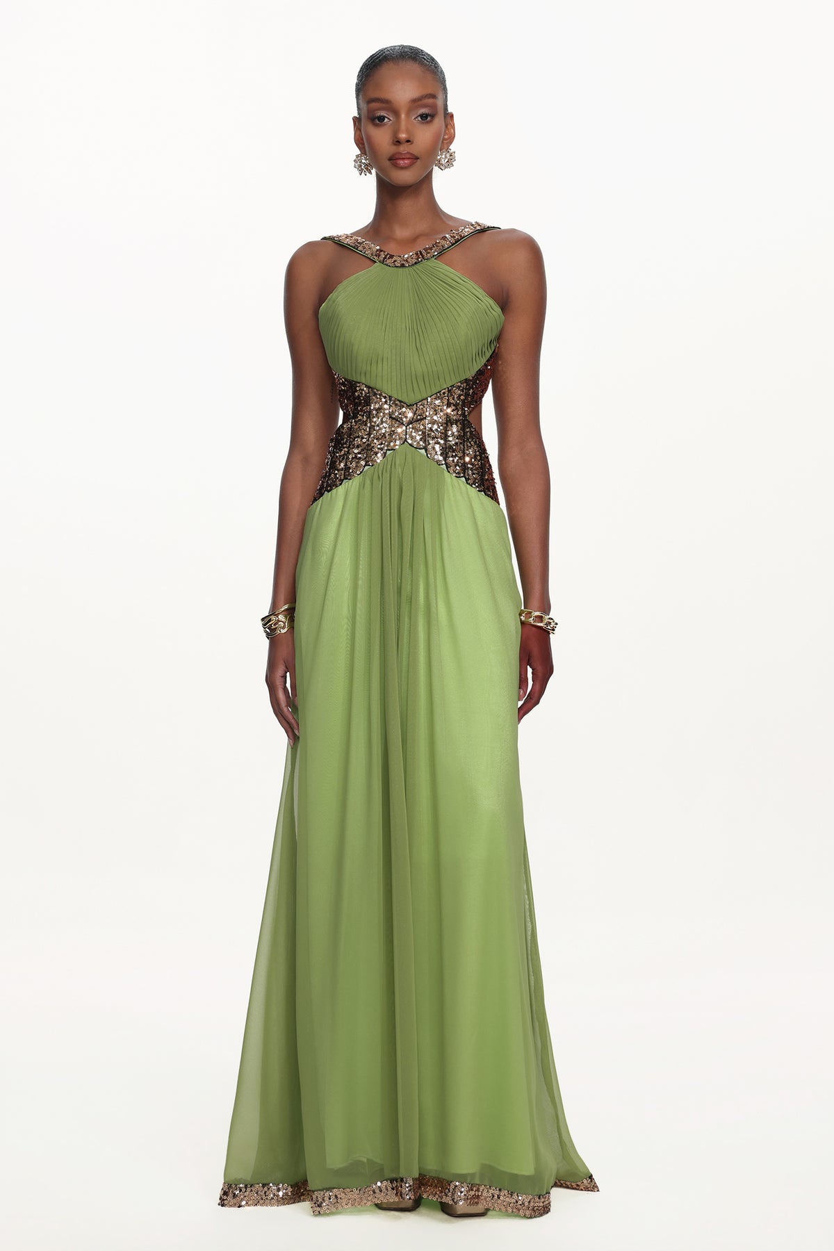 Melisa Flowy Halter Pleated Cut Out Sequin Maxi Dress