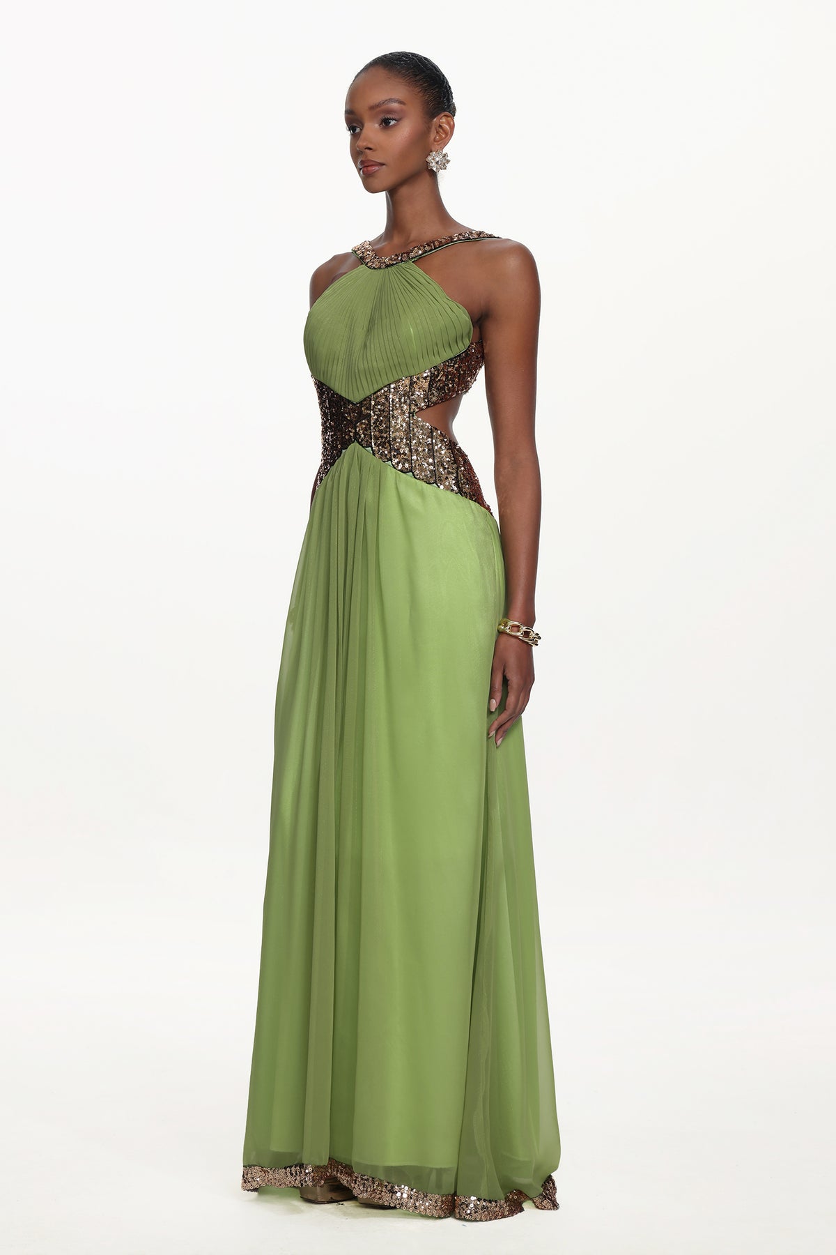 Melisa Flowy Halter Pleated Cut Out Sequin Maxi Dress