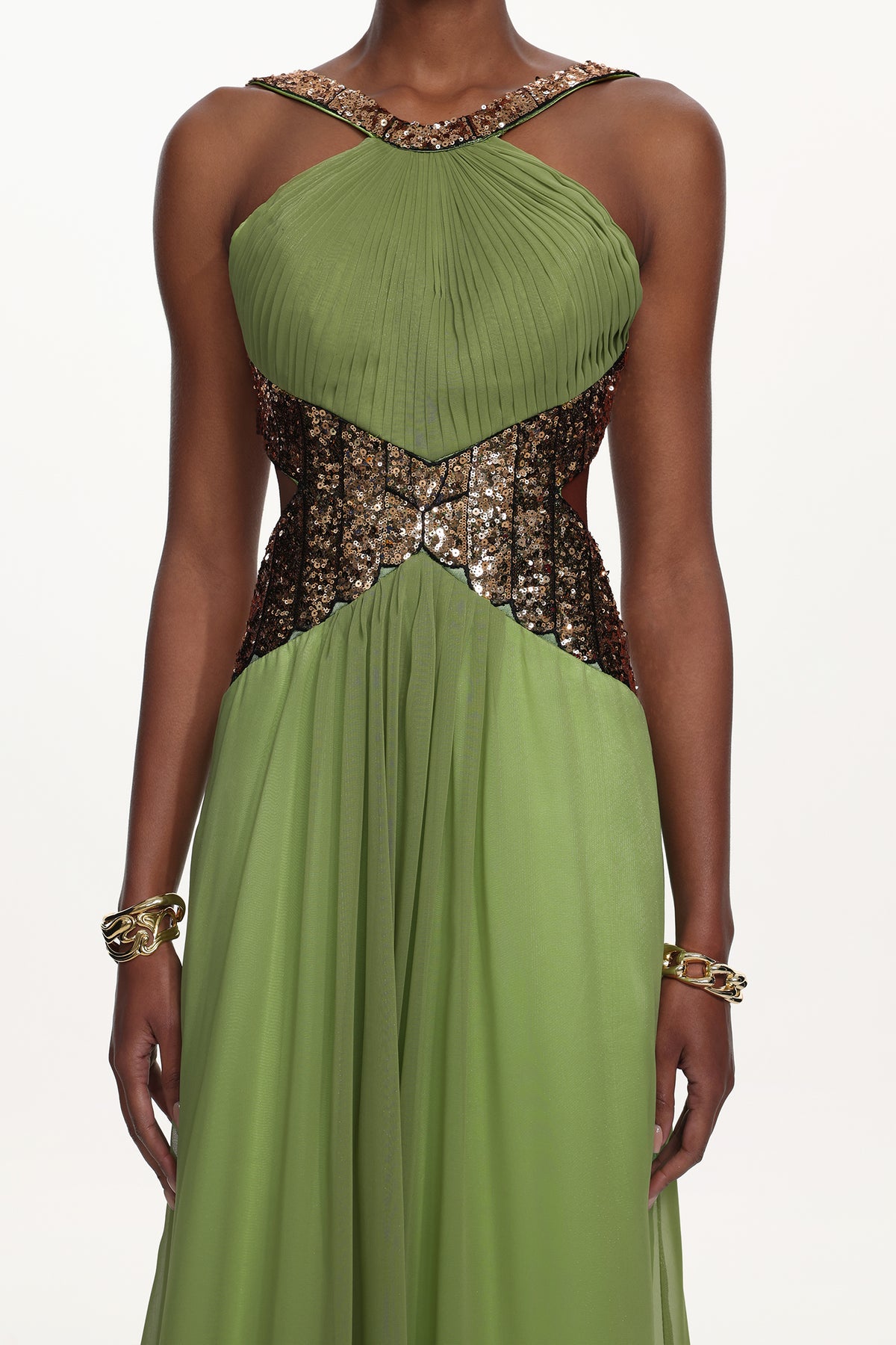 Melisa Flowy Halter Pleated Cut Out Sequin Maxi Dress