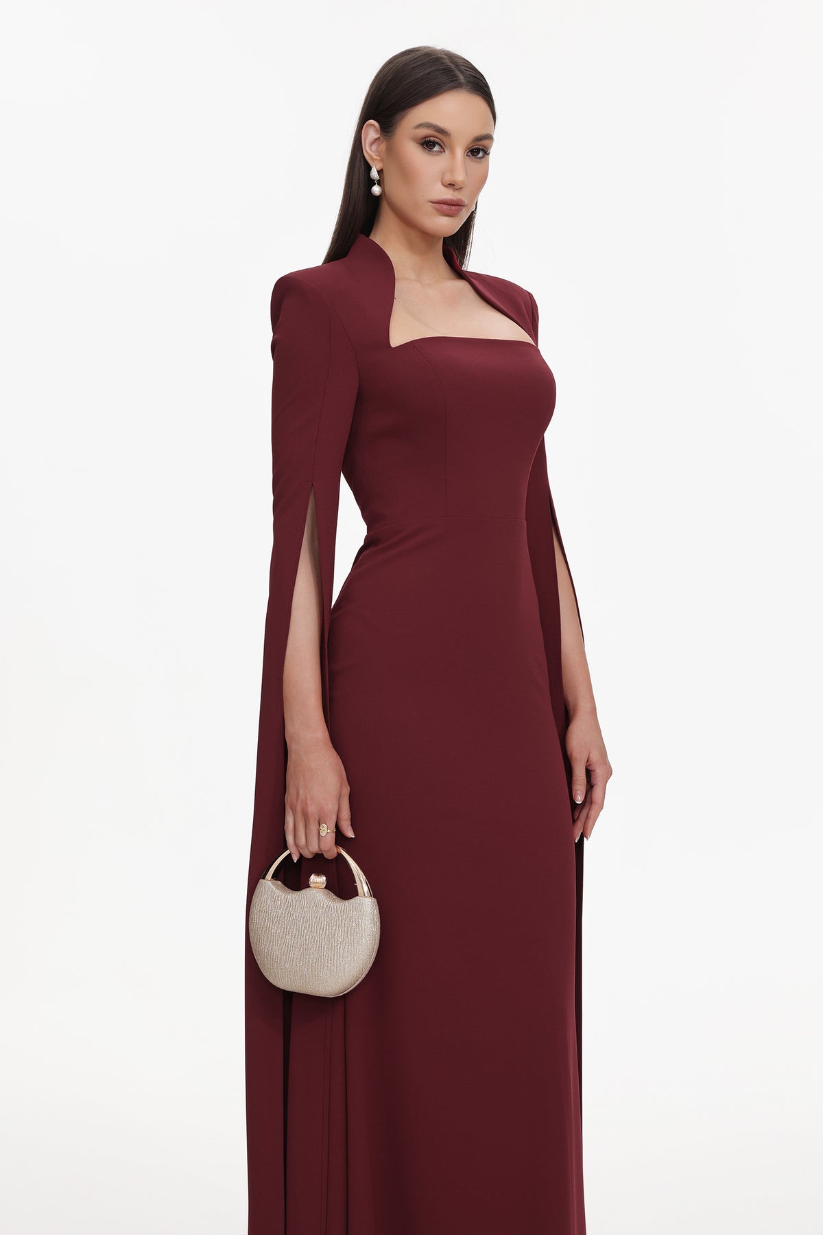 Werko Elegant Tailored Square Neck Cape Sleeve Woven Maxi Dress