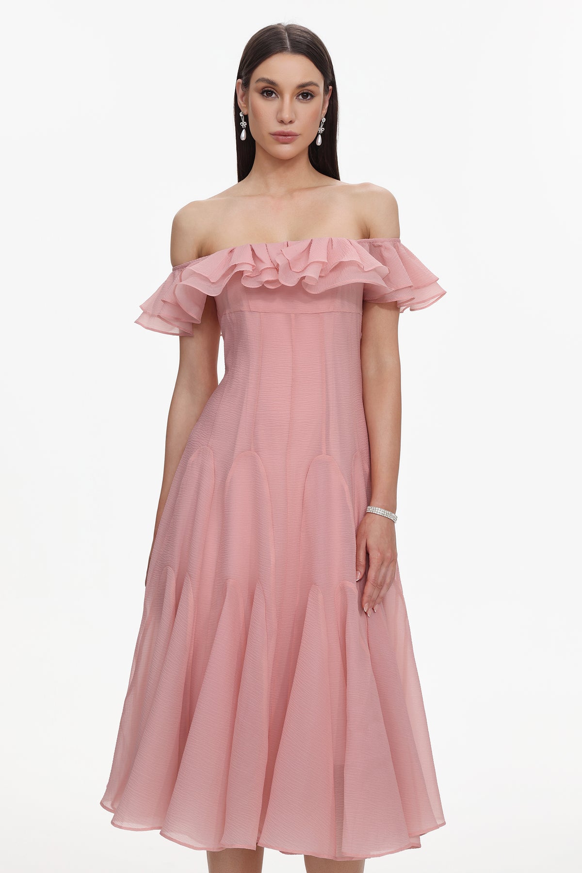 Wika Romantic Flowy Off Shoulder Ruffle Midi Dress