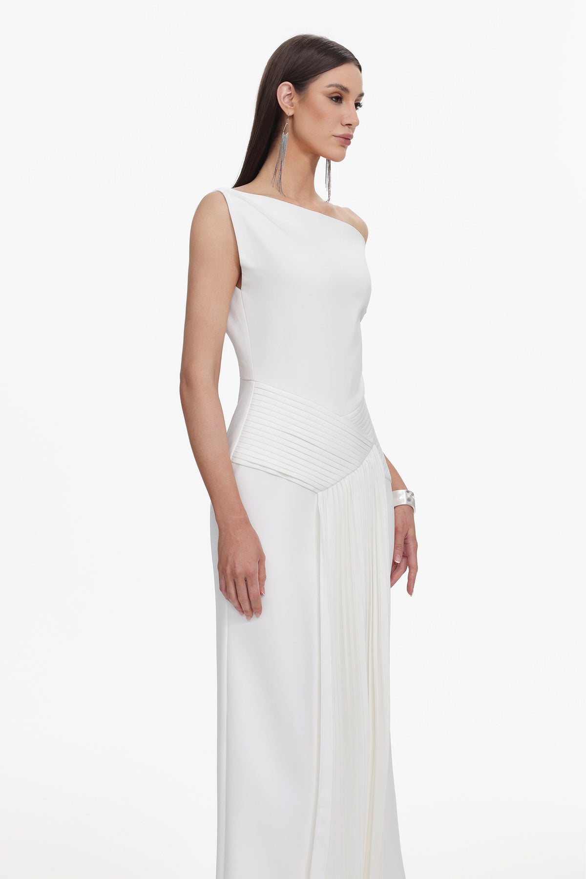 Paulina Oblique Shoulder Sleeveless Folds Midi Dress