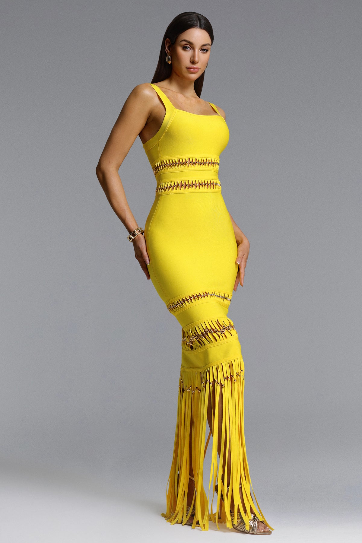 Shanley Sleeveless Beaded Fringe Bandage Maxi Dress