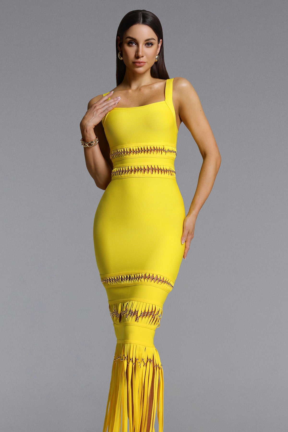 Shanley Sleeveless Beaded Fringe Bandage Maxi Dress
