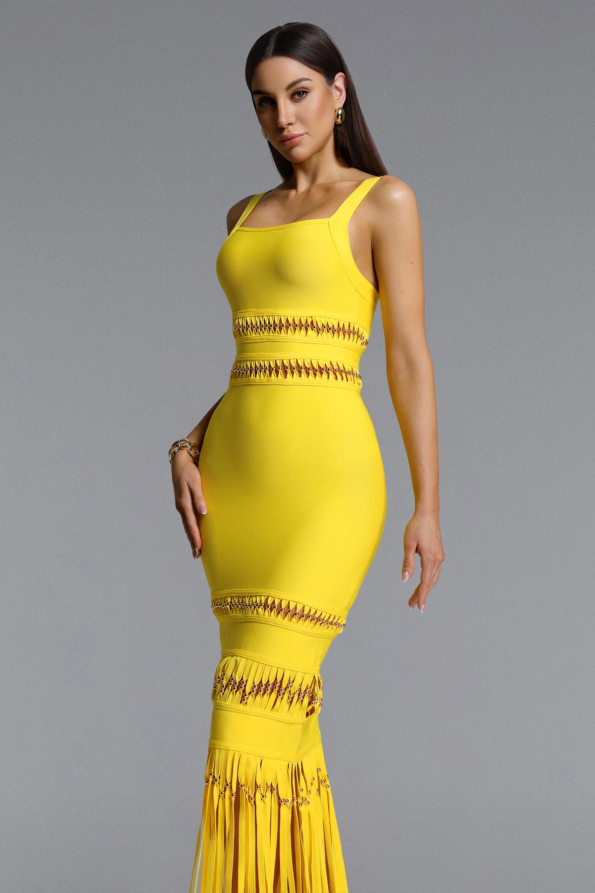 Shanley Sleeveless Beaded Fringe Bandage Maxi Dress