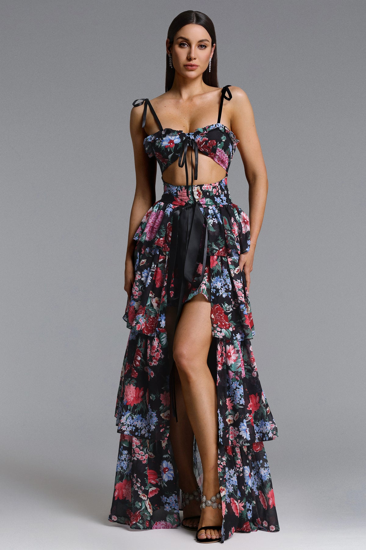 Pale Chic Flowy Halter Cut Out Floral Print Ruffle Maxi Dress