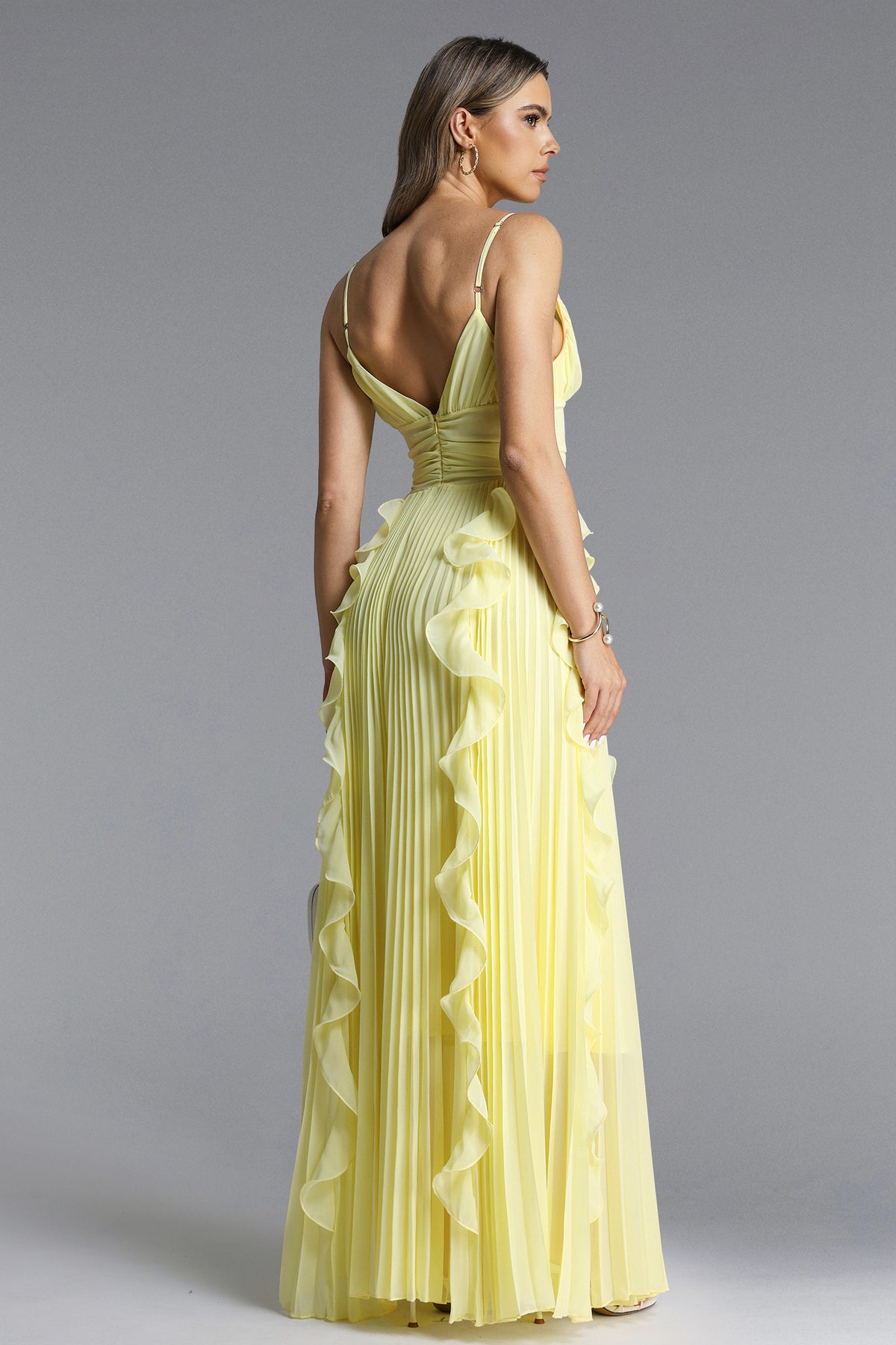 Viky Flowy Sleeveless Pleated Ruffle Maxi Dress