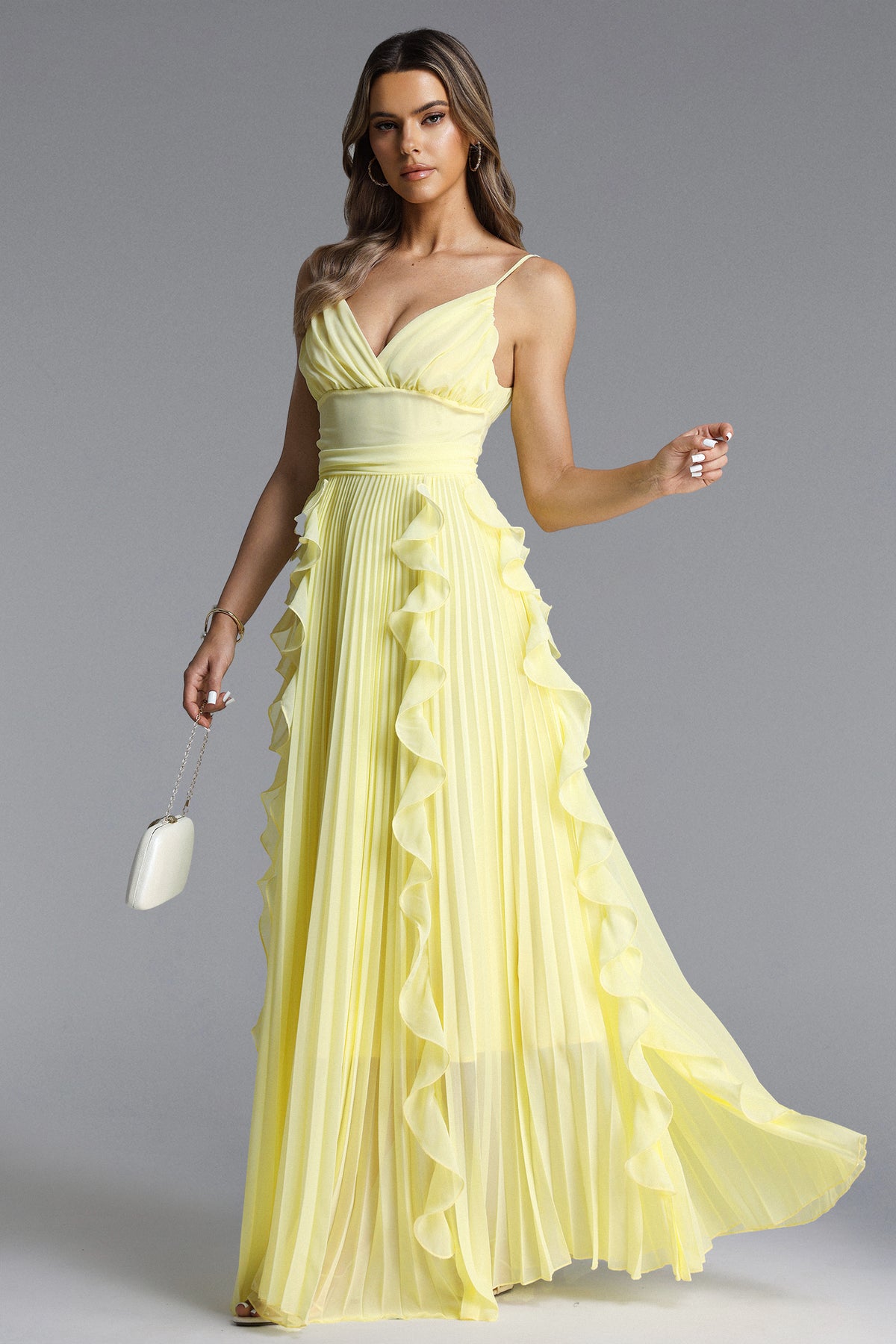 Viky Flowy Sleeveless Pleated Ruffle Maxi Dress