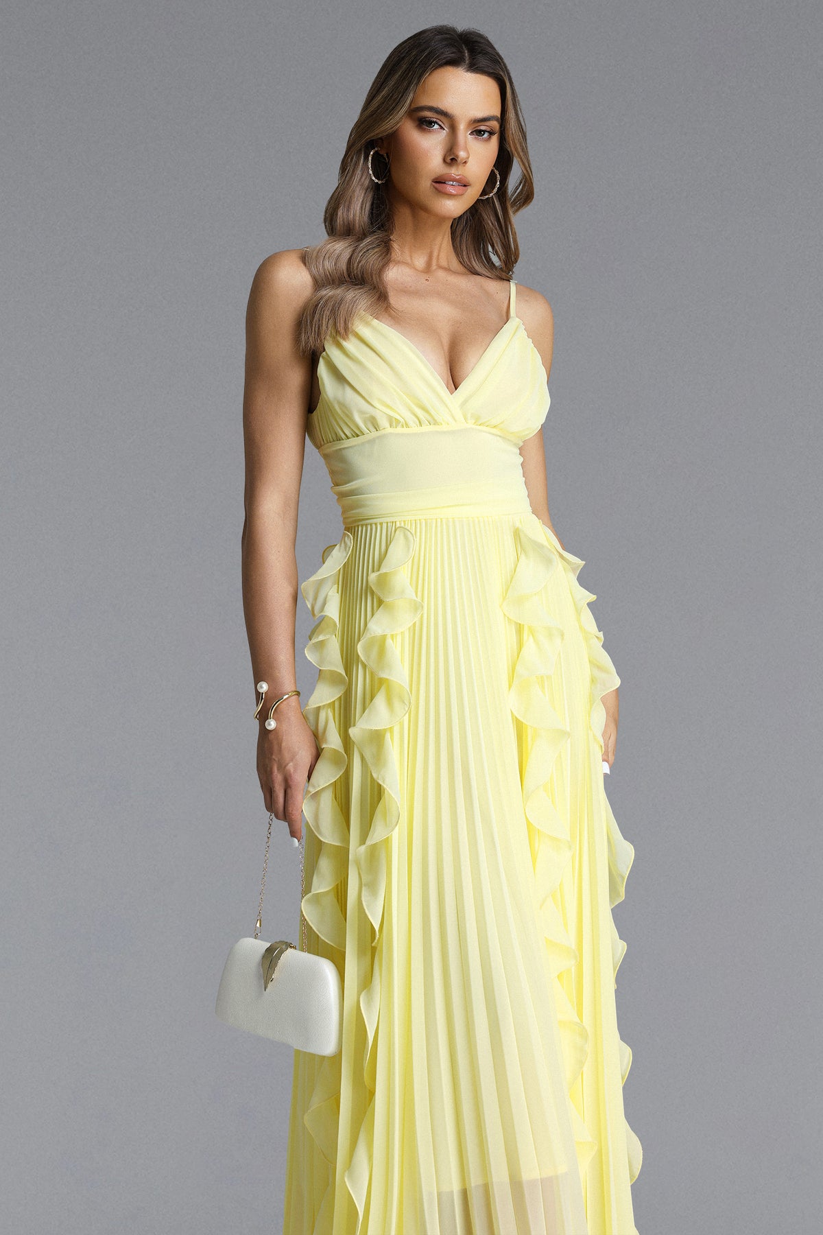 Viky Flowy Sleeveless Pleated Ruffle Maxi Dress