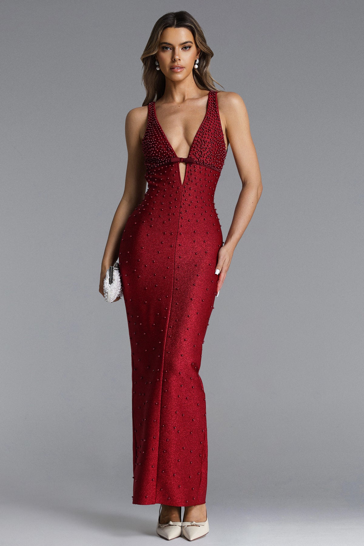 Tersa Sleeveless Deep V Beaded Maxi Dress