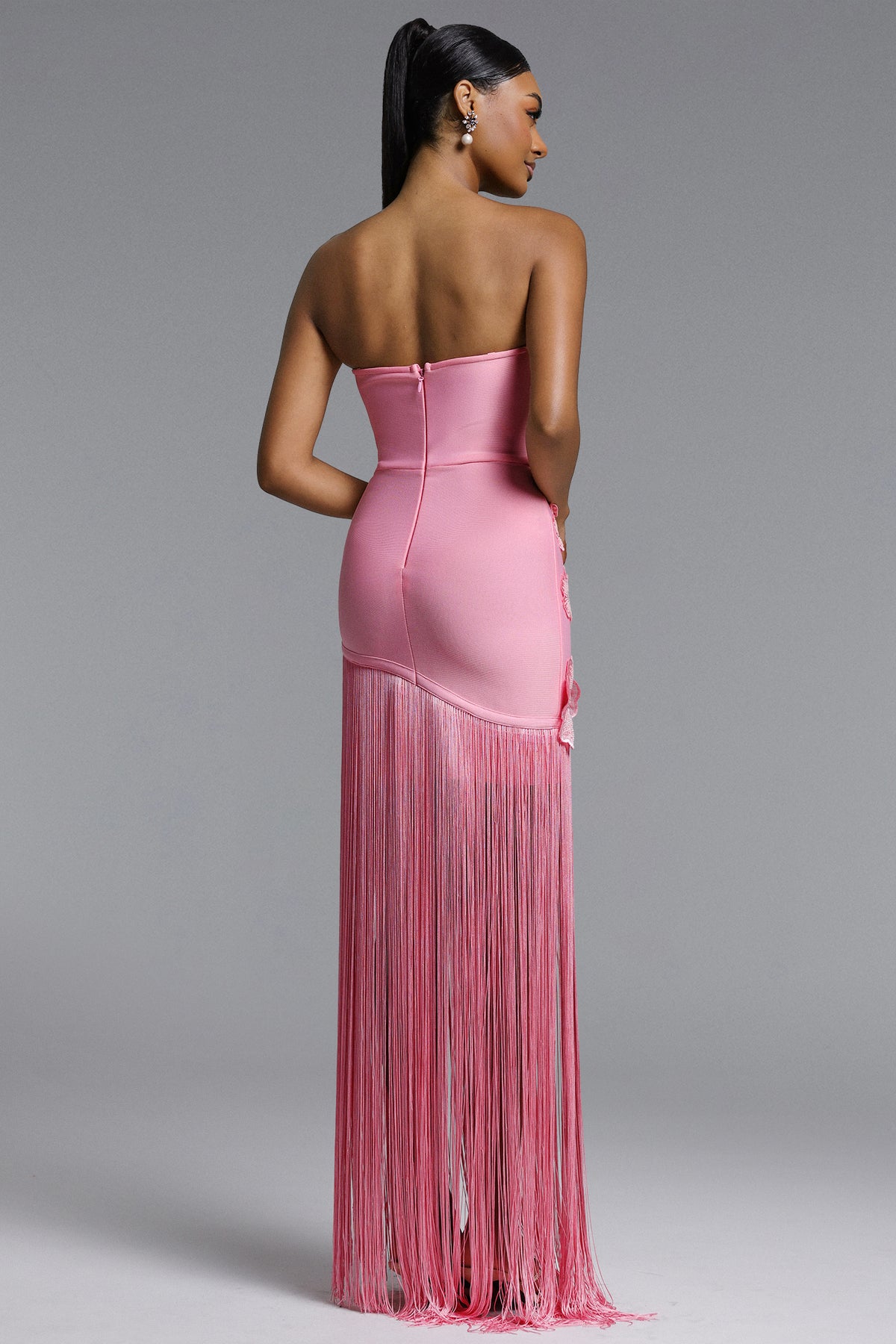 Ezgi Strapless Floral Fringe Bandage Maxi Dress