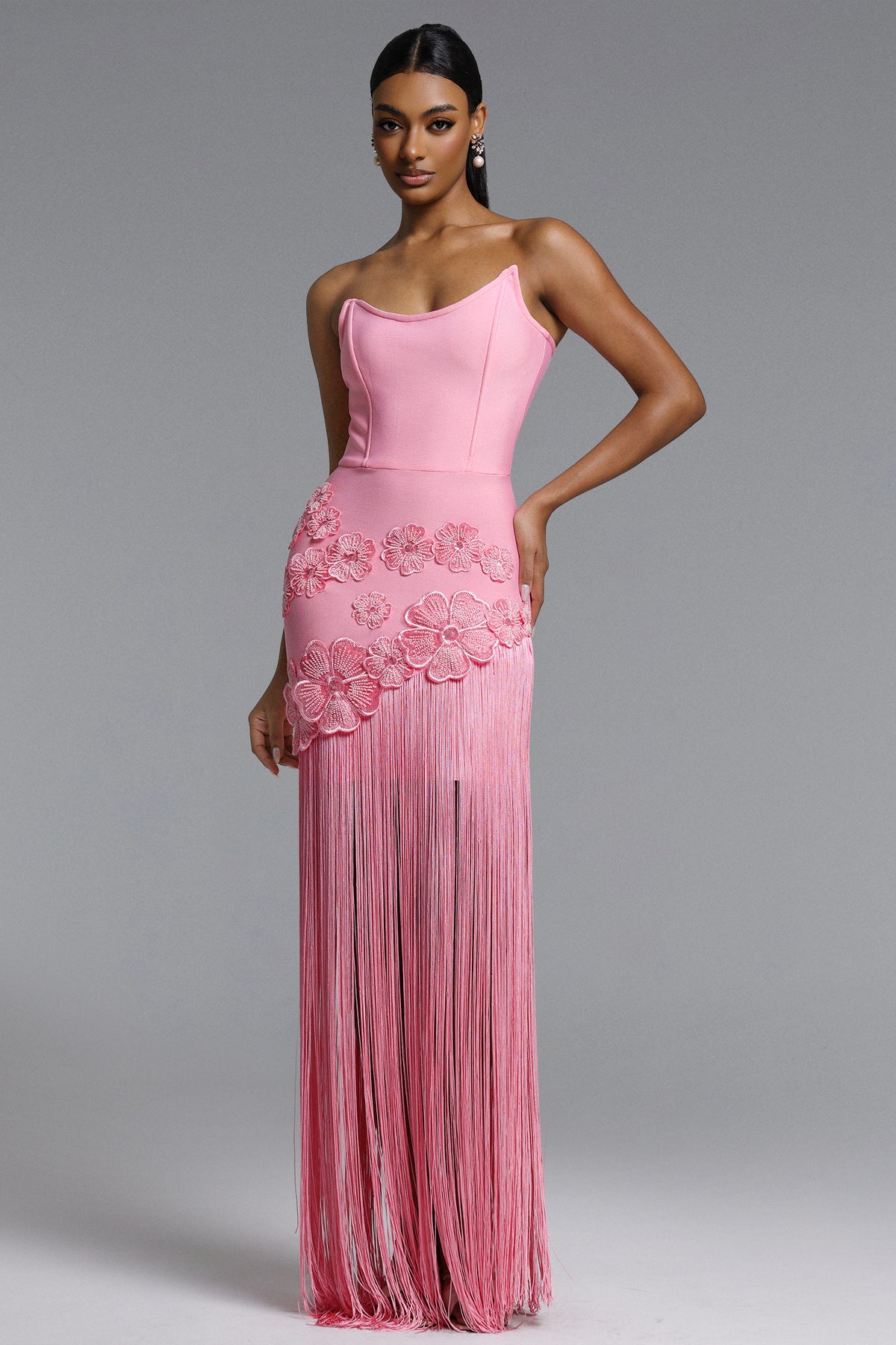 Ezgi Strapless Floral Fringe Bandage Maxi Dress