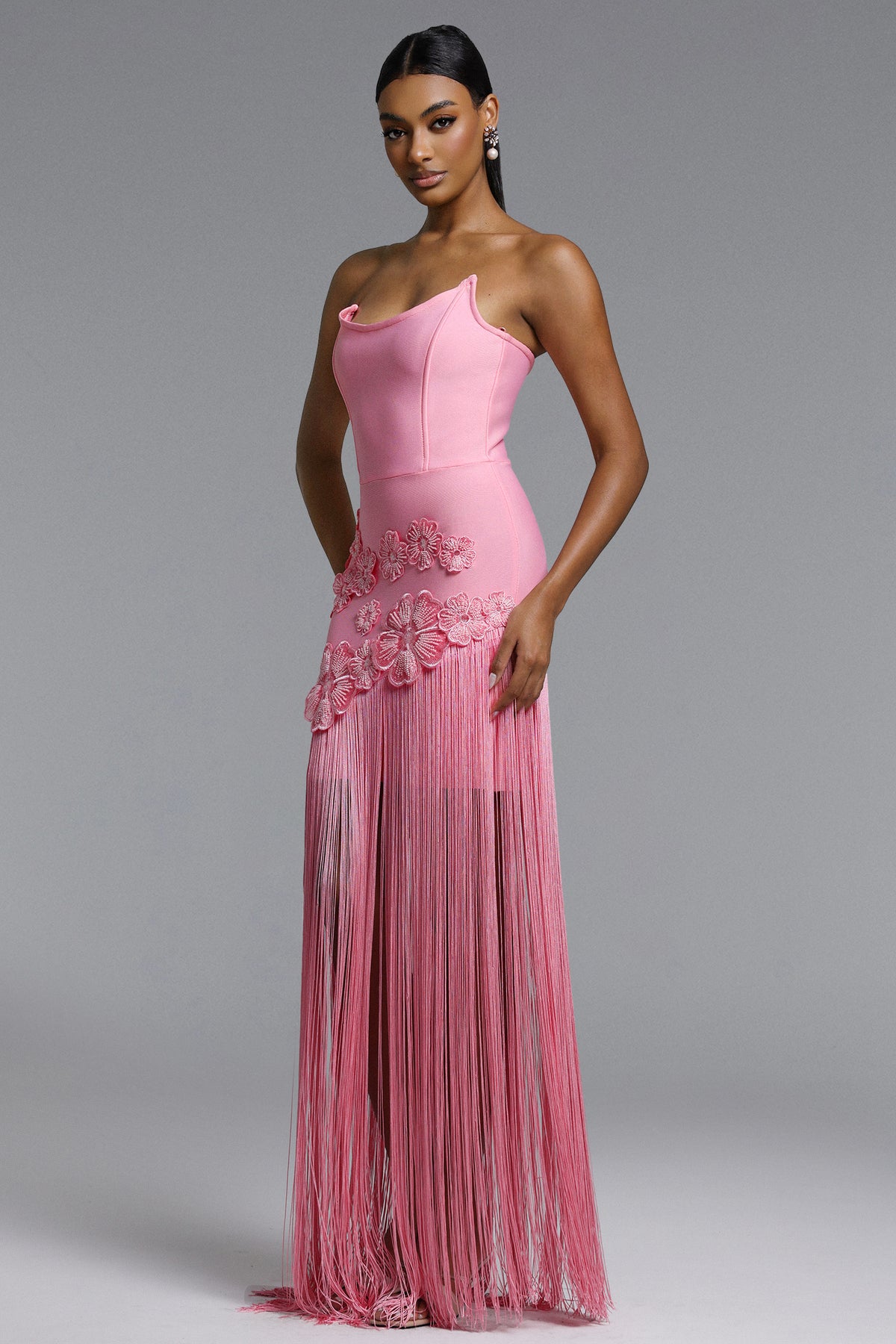 Ezgi Strapless Floral Fringe Bandage Maxi Dress