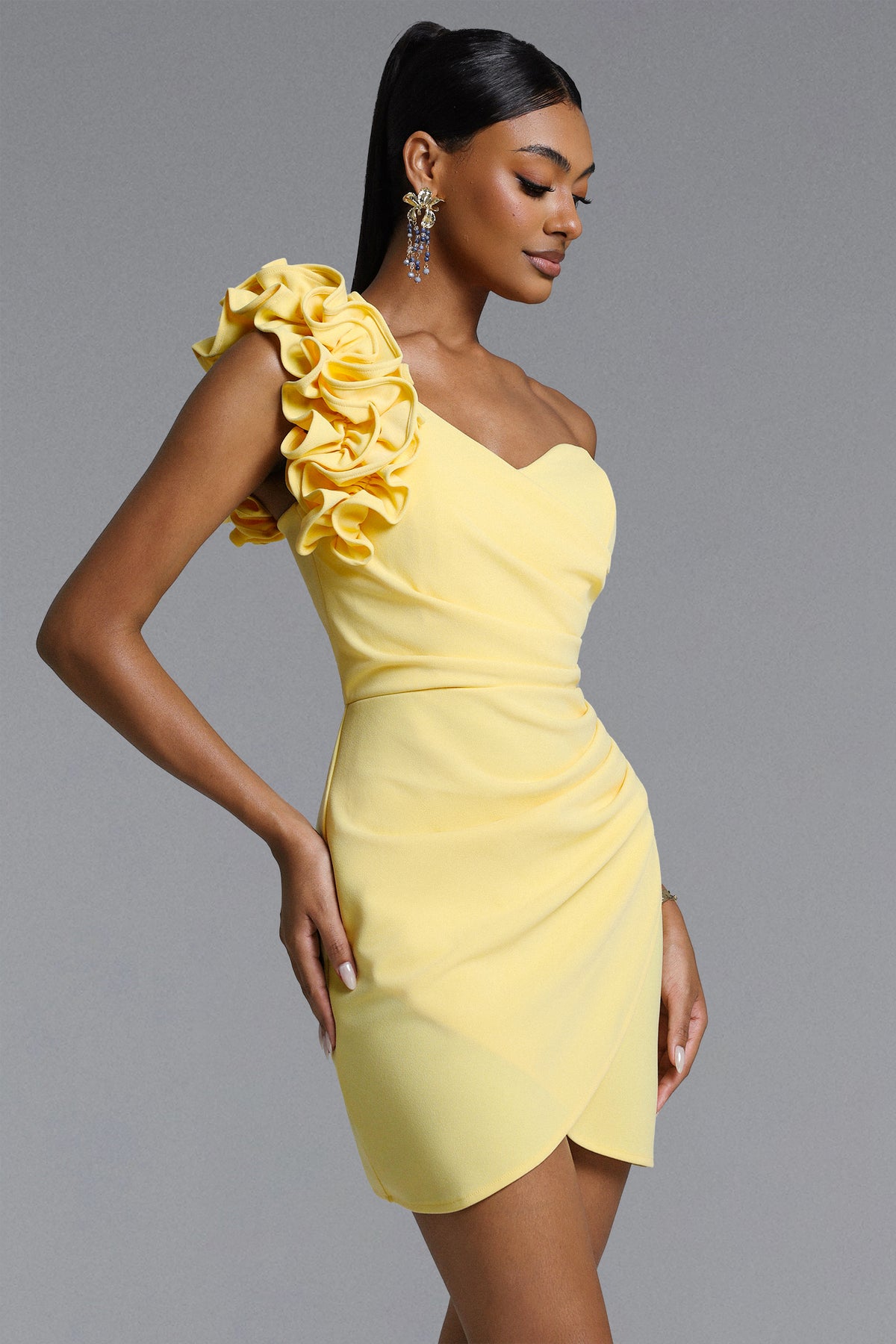 Roanna One Shoulder Ruched Ruffle Mini Dress