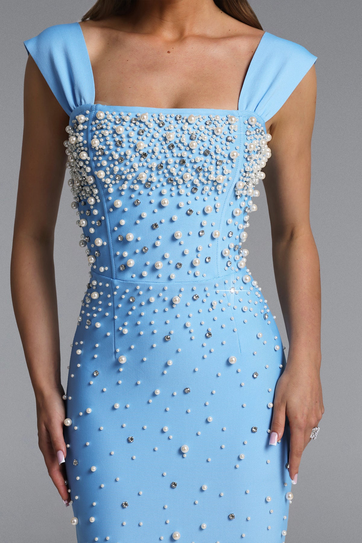 Vafa Square Neck Pearl Rhinestone Bandage Maxi Dress