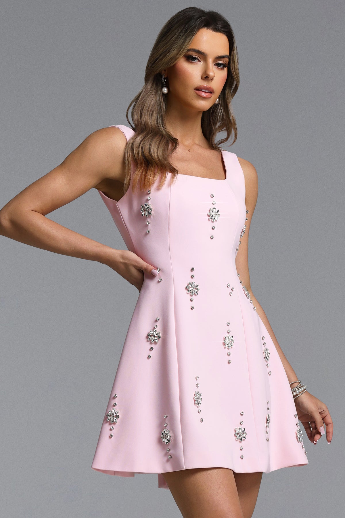 Falisa Square Neck Rhinestone Woven Mini Dress