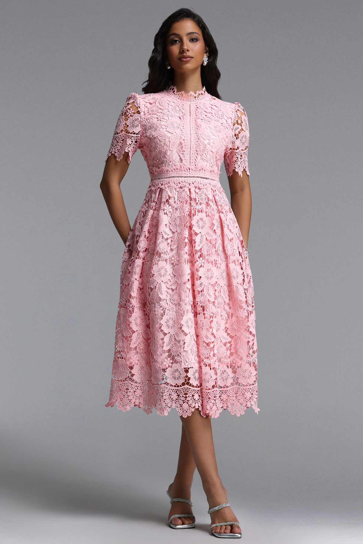 Valema Flowy Short Sleeve Floral Lace Midi Dress