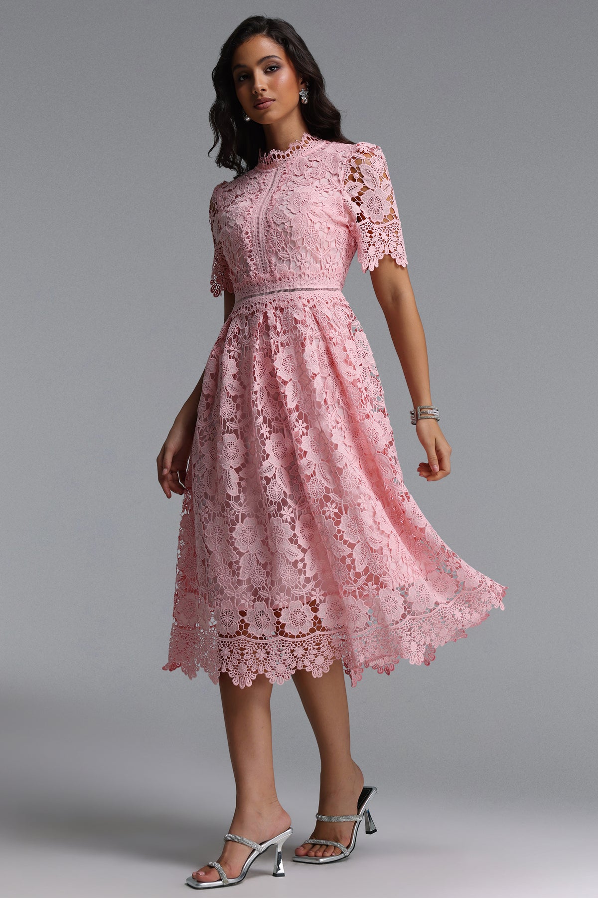 Valema Flowy Short Sleeve Floral Lace Midi Dress