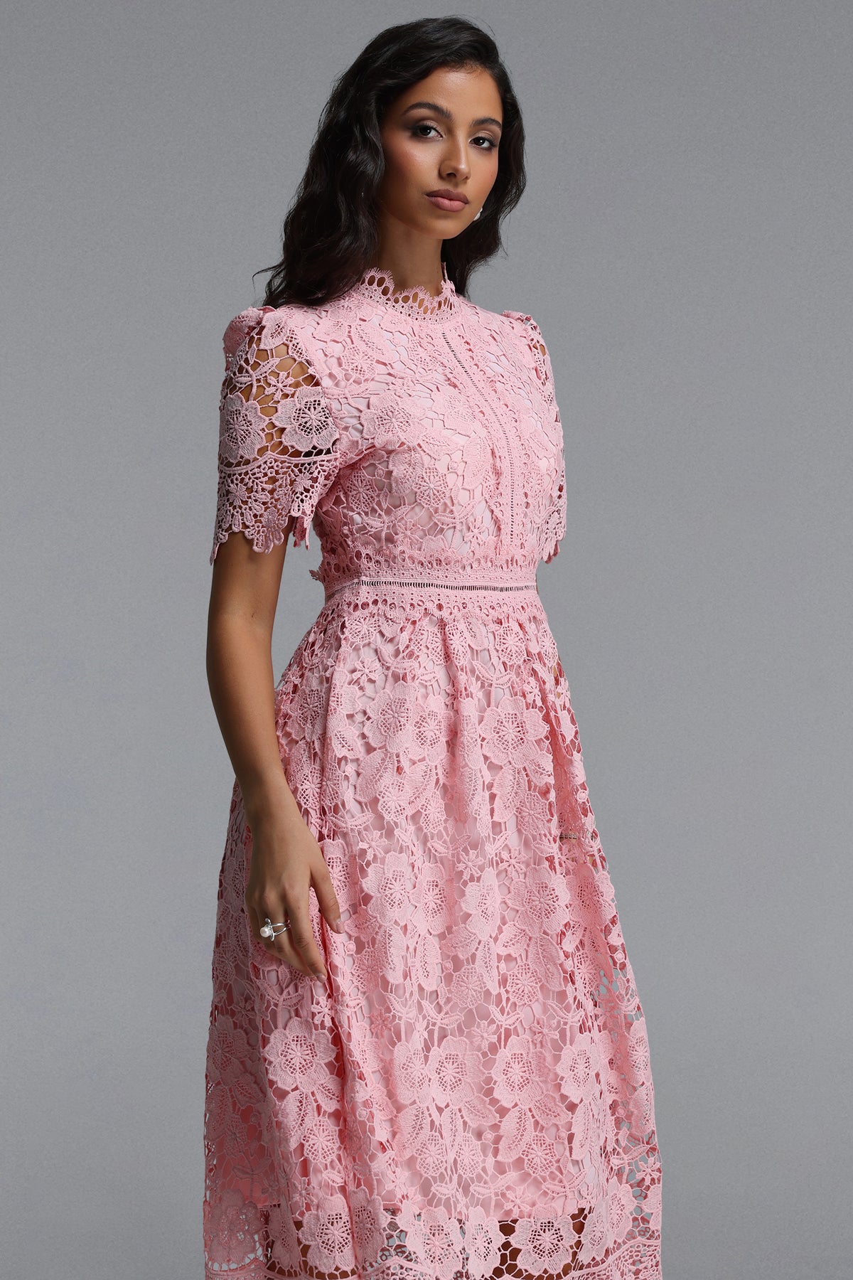 Valema Flowy Short Sleeve Floral Lace Midi Dress