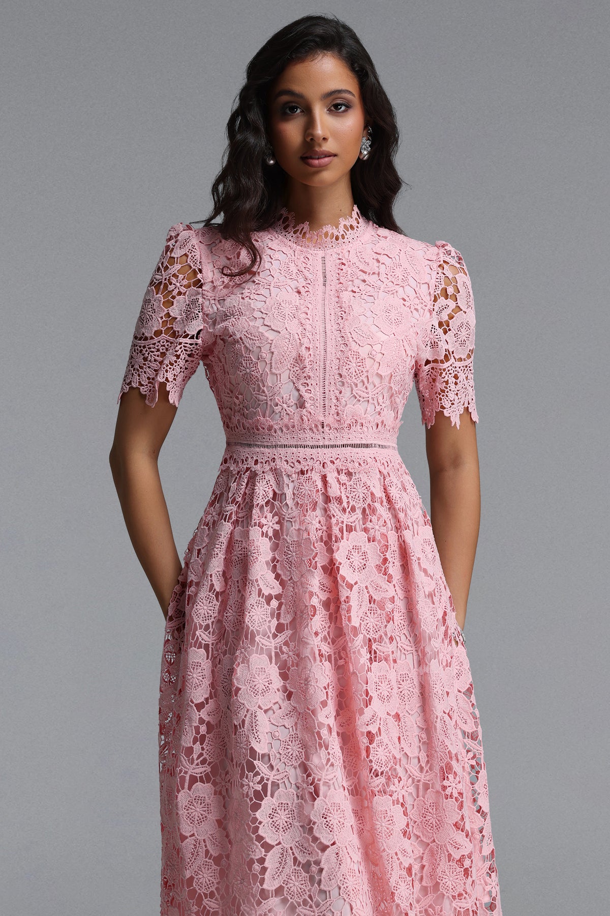 Valema Flowy Short Sleeve Floral Lace Midi Dress