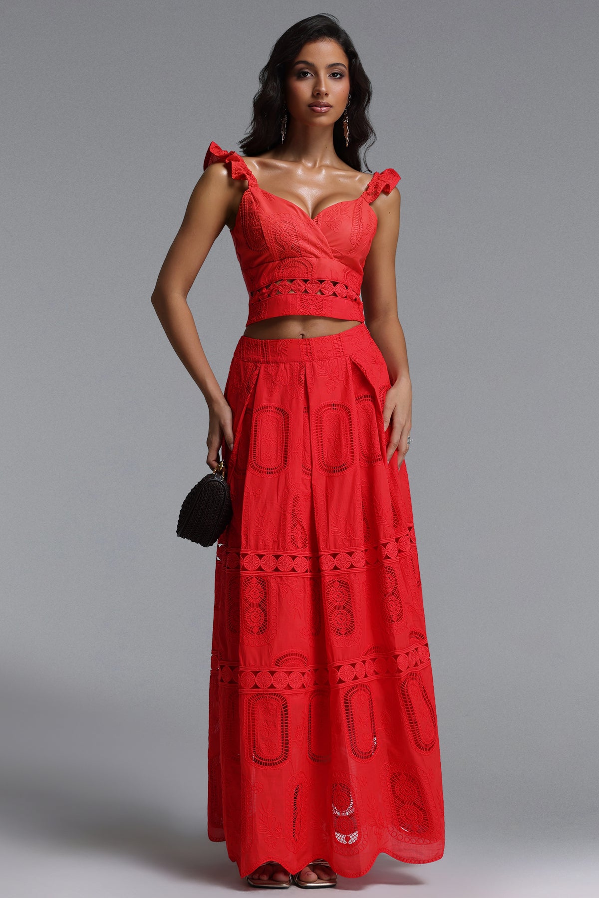 Lali Resort Flowy V Neck Sleeveless Ruffle Woven Top and Skirt Two Piece Set
