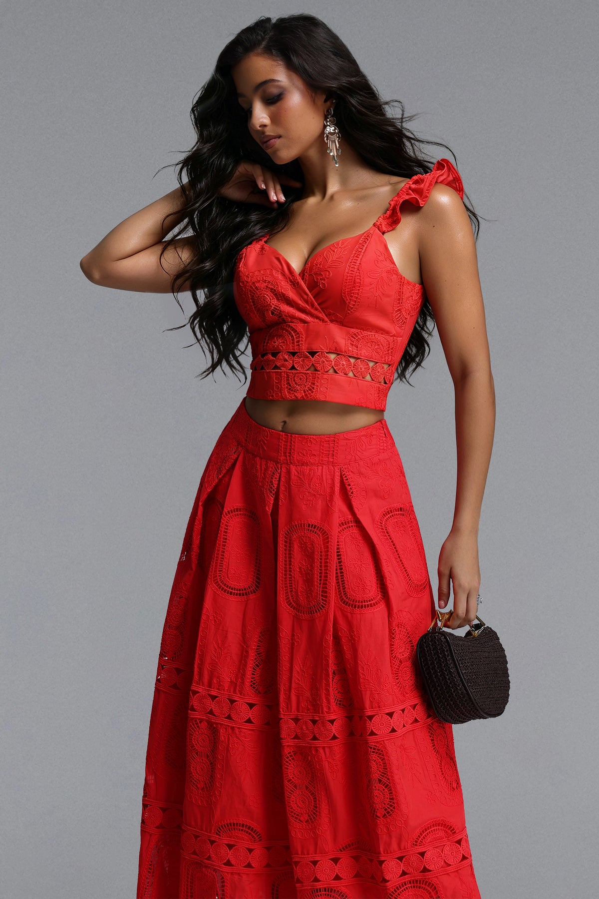 Lali Resort Flowy V Neck Sleeveless Ruffle Woven Top and Skirt Two Piece Set