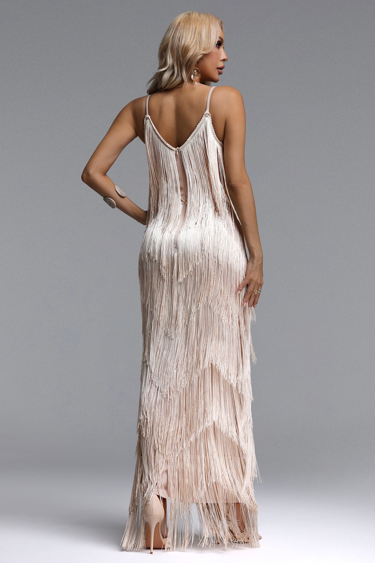 Alex V Neck Layered Fringe Bandage Maxi Dress